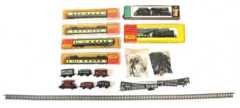 Hornby, Mini Trix and Lima N gauge locomotives and rolling stock, including a Britannia class locomotive 4-6-2 Britannia in BR lined green, a Lima N gauge class 4F 0-6-0 locomotive and tender, four British Rail mark 1 chocolate and cream coaches, N gauge 