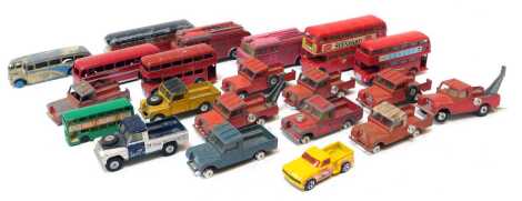 Corgi, Dinky and other playworn diecast, including London Route Master buses, Dinky Toys fire engine, Corgi Toys Land Rover 109WB, etc. (1 tray)