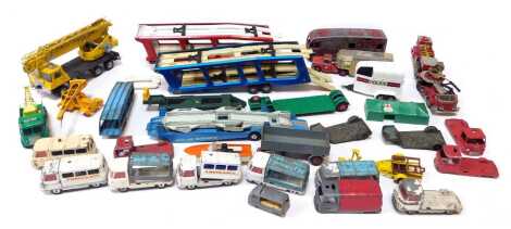 Corgi Matchbox and other diecast, including Dinky Supertoys horse box, Corgi Car Transporter, Matchbox Series Kingsize Foden breakdown tractor, Matchbox Series Taylor Jumbo Crane, Corgi Toys, 3/4 ton chassis, Corgi Major Toys Aerial Rescue Truck, etc. (2 