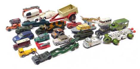 Dinky Corgi Burago and other diecast, including Dinky Toys Eagle Transporter, Dinky Toys fire engine, Corgi Beauford double horse box, Corgi Land Rover 109B Safari, Dinky Toys Maximum Security vehicle, Dinky Toys Messerschmitt BF109E, etc, playworn. (1 tr