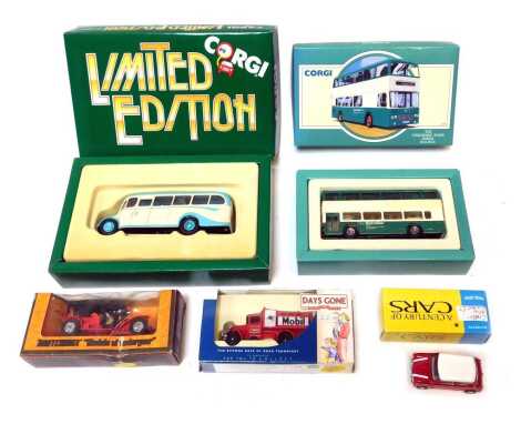 Corgi Lledo and Matchbox diecast, boxed, including Corgi 91859 The Yorkshire Rider Series Halifax, Matchbox Models of Yesteryear Y9 1912 Simplex, Days Gone Lledo DG020025 1934 Ford Model A State Truck Mobil, Corgi 97107, Limited Edition Bedford OB Coach M