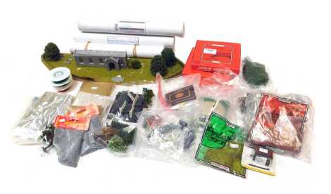 Model railway accessories, including Javis OO gauge fence post, diorama, ID back scenes, OO gauge trees, Woodland Scenics ballast, point motor housings, etc. (1 box)