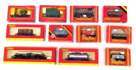 Hornby OO gauge rolling stock, including R718 LMS twenty tonne goods brake van, R11 goods van, R101 Coke wagon Bannockburn, R206 seven plank wagon Chance and Hunt Limited, etc. (1 tray)