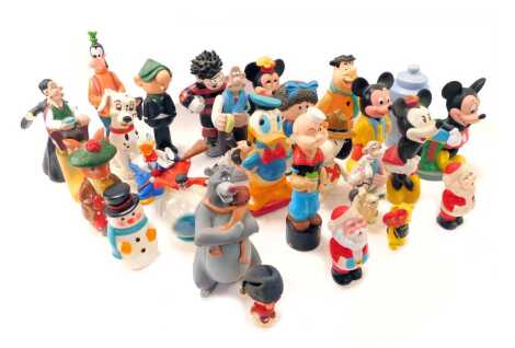 Various character bubble bath bottles, including Wallace and Gromit, Harry Potter, Mickey and Minnie Mouse, Popeye, Goofy, Dennis the Menace, Andy Cap, etc. (2 boxes)