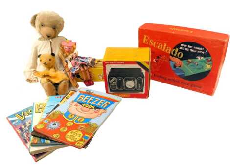 Toys and games, including a Pelham Puppet Mitzi, Sooty hand puppet, Hornby Railways R900 power controller, Escalado game, early 20thC Teddy bear, etc. (1 box)