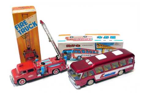 A Chinese tinplate friction with siren fire truck and a tinplate friction coach, boxed. (2)