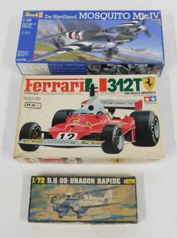 Revell, Tamiya and Heller model kits, including Tamiya 1975 F1 Champion Car, Revell De Havilland Mosquito mark 4, and a Heller De Havilland 89 Dragon Rapide, boxed. (3)