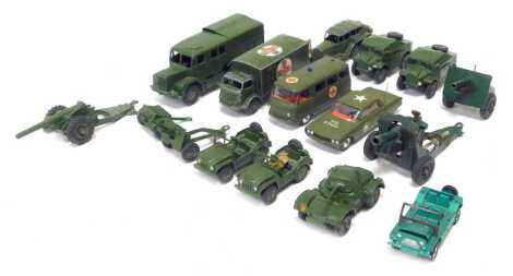 Dinky Toys and Britains diecast military vehicles, including Dinky Super Toys medium artillery tractor, Dinky Toys military ambulance, Dinky Toys Austin Champ, Dinky Toys armoured car, etc. (1 tray)