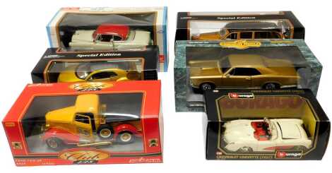 Burago, Maisto and other diecast vehicles, including American Muscle 1966 Pontiac GTO, 1957 Chevrolet Corvette, Crysler Pronto Cruiser, 1953 Chevrolet Bel Air, etc. (6)