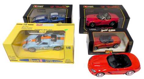 Revell, Maisto and Burago diecast, including Revell Ford GT40 Le Mans 1969, Maisto Dodge concept vehicle, Burago Dodge Viper GTS Coupe, Dodge Viper RT/10, etc. (5)