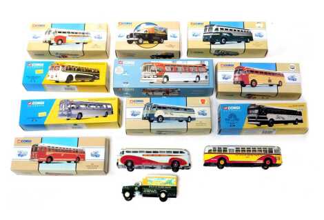 Corgi Classics, including Corgi Vintage Busses USA 98470 yellow coach 743, 98465 yellow coach 743 Burlington Trail Ways, 54101 Greyhound Lines GM4509, 98468 yellow coach 743 Champlain, etc., boxed. (a quantity)