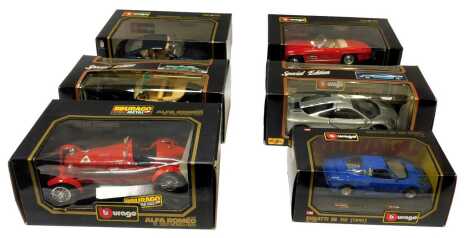 Burago diecast cars, including Buago Alfa Romeo 8C 2300 Monza 1931, Burago Bugatti 110 EB 1991, Burgao Mercedes Benz 300SL Roadster 1957, Burago Ferrari 456GT 1992, a Maisto Mercedez Benz 300S, and a Maisto special edition McLaren F1, boxed. (6)