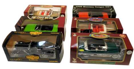 Ertl, Sunstar and other diecast cars, including Ertl Collectables American Muscle Classics 1935 Auborn, Road Signature 1970 Dodge Coroner RT, Sunstar Mercury Cougar XR7, Road Legends Cadillac Eldorado Biarritz 1958, Road Legends Cadillac Coupe DeVille 194