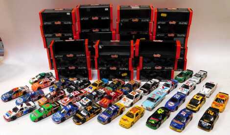 Quartzo boxed and unboxed diecast, Nascar and stock cars include Ford Fairlane 56 Mel Larsen, 2019 Chevvy Lumina, Thunderbird Coors Light Bill Elliott, Ford Thunderbird Factory Stories Todd Bodine, etc. (2 boxes)