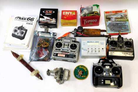 RC accessories, including FM controllers, Delta 4-2000 charger, propellers, various AC adapters, etc. (1 box)