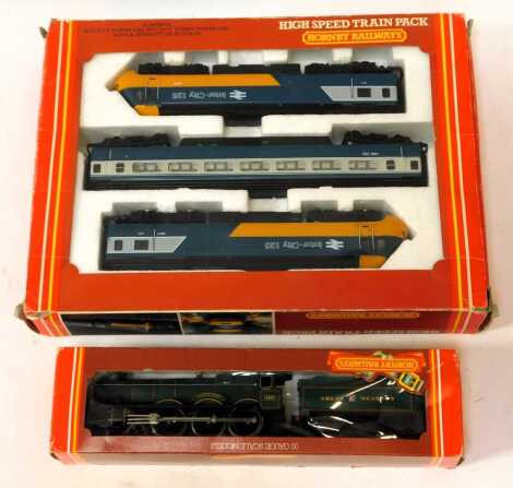 A Hornby Railways OO gauge R332 High Speed train pack, including class 43 HST power car, class 43 HST dummy car, and a BR Intercity mark 2 coach in BR corporate blue and yellow, and a Hornby Railways OO gauge Hall class locomotive Albert Hall, 4-6-0, 4983