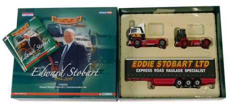 A Corgi Hauliers of Renown 1:50 scale CC99203 Edward Stobart 1954-2011 commemorative set, containing a Scania 4 series with curtain side trailer, Scania 111 Julia, and The Edward Stobart Story booklet, boxed.