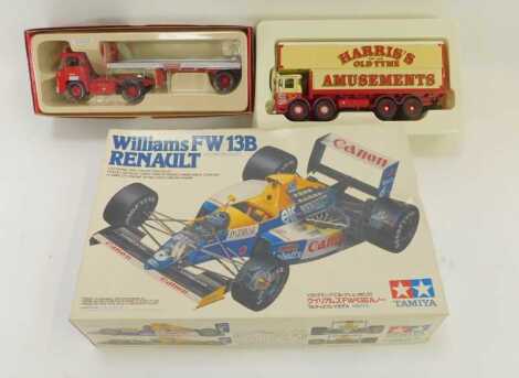 A Corgi limited edition 29201 Guy Warrior platform trailer BRS, Fairground Attractions AEC Ergomatic pole truck, and a Tamiya Williams FW13B Renault model kit, boxed. (3)