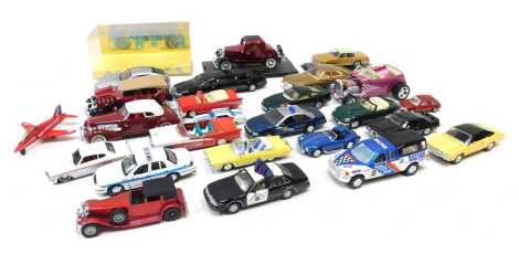 New Ray, Corgi and other diecast vehicles, including Corgi Buick Regal, New Ray Chrysler Crossfire, Road Champs 1969 Dodge Charger, 1937 Cord 812 Super Charged, Welly Ford 1999 Crown Victoria Chicago Police car, etc. (1 box)