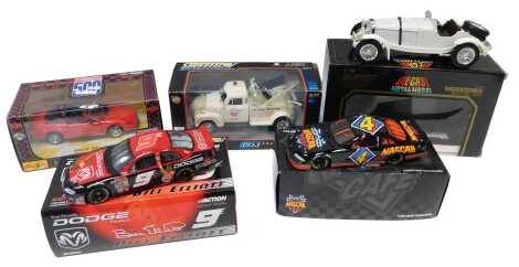 Maisto, Action and other boxed diecast, including Maisto Indianapolis 500 Ford Mustang Official Pace Car, Smokey Mountains Nascar Cafe 1999 Pontiac number 4 in Nascar Cafe livery, Action Your Friendly Dodge Dealers number 9 Bill Elliott stock car, etc. (5