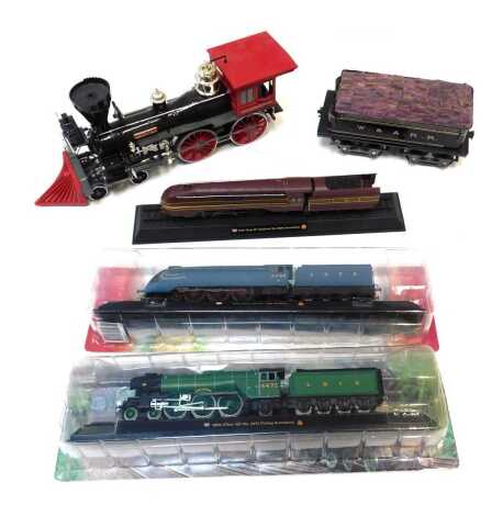 Static railway models, including 1938 class AP Duchess number 6220 Coronation, 1923 class A3 number 4472 Flying Scotsman, and 1938 class A4 number 4468 Mallard A4-4-0 static display model of the General American Western and Atlantic Railroad locomotive an