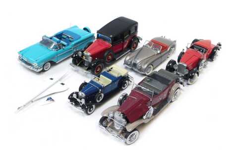 Diecast, to include a Danbury Mint 1958 Chevrolet Impala in blue, Franklin Mint 1935 Mercedes Benz, Franklin Mint 1930 Duesenbergj Derham Tourster, etc. (1 box)