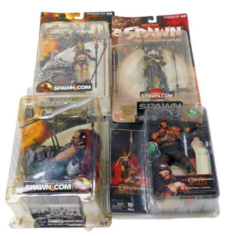 Three Macfarlane Toys Spawn action figures, comprising Medieval Spawn II, Tiffany II, Lotus Angel Warrior, and a Conan the Barbarian figure, War Paint Conan, each in a blister pack.