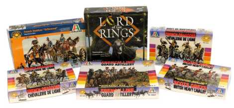 Five Italeri model kits, comprising French Dragoons (2), Scot's Greys, and French Line Guard Artillery, together with a Parker Lord of the Rings game.