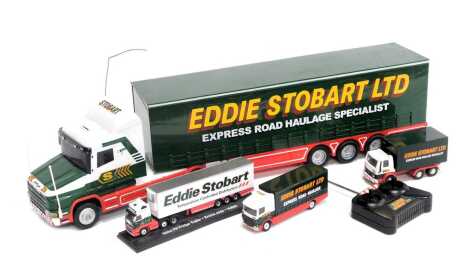 An Eddie Stobart Limited Express Road Haulage Specialist remote controlled lorry and trailer, Atlas Editions Volvs FH fridge trailer Emma Jade, Corgi Eddie Stobart Limited Express Road Haulage Specialist box truck, and a Corgi Limited Express Road Haulage