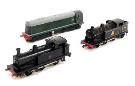 Three Hornby Dublo locomotives, including a class 20 diesel locomotive D8000 in BR green, and two further tank locomotives. (3)