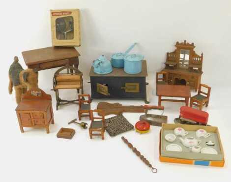 Doll's house furniture, to include spinning wheel, dresser, chairs, miniature porcelain tea service, soft toy dog, etc. (2 trays)