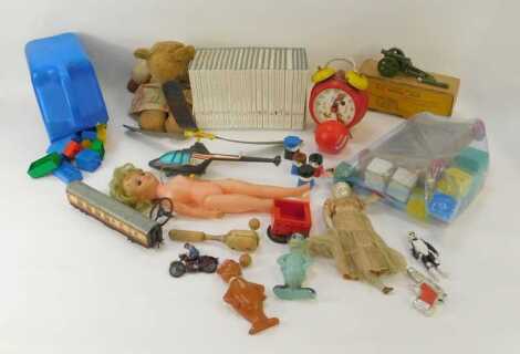 Various toys, to include mid century bear, various Beatrix Potter books, Mickey Mouse novelty alarm clock, a Britains Naval gun (AF). (1 box)