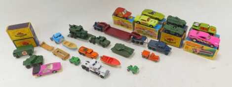 Various Matchbox cars, to include Saldin armoured car, Rat Rod Dragster, Dodge Charger MK3, some boxed, together with Major Pack number 6 crane 200 tonne transporter, etc. (1 tray)