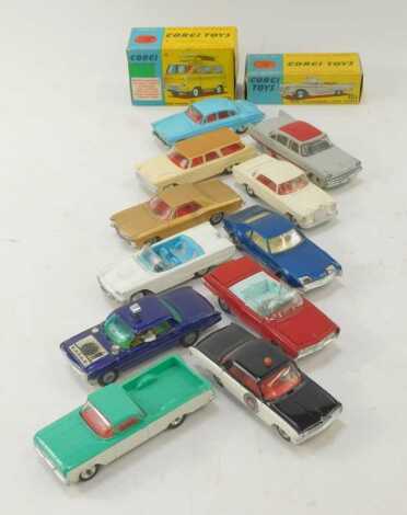 Corgi and Dinky, to include Jaguar mark X saloon, Mercedes Benz 220 SE Coupe, Plymouth Sports Suburban, Chevrolet El Camino, etc. (1 tray)