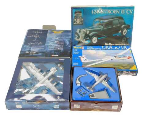 A group of model kits, comprising a Revell glider, LS8-A-18, a Corgi Aviation Archive Frontier Airlines Douglas DC-3 American Airlines, a Corgi Aviation Aircraft Military Series Boeing B29 Super Fortress Enola Gay, and a Humbrol Heller 1-24 scale Citroen 