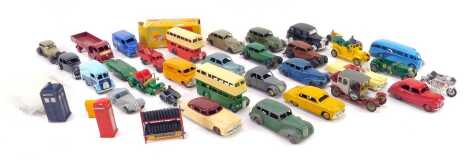 Playworn diecast, to include Dinky, Meccano, Dinky Bedford Kodak van, Trojan OXO van in blue, a Master tyre rack, boxed, etc. (2 trays)