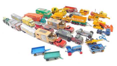 Matchbox and other diecast, playworn to include an articulated horse van, refuse truck, racing car transporter, Guy Warrior car transporter, Mercedes Benz race car, etc. (1 box)