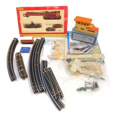 A Hornby OO gauge 75 tonne operating brake down crane, R6104, boxed, together with Hornby Magazine Yearbook for 2019, a Hornby Dublo signal cabin, boxed, various track, etc. (1 box)