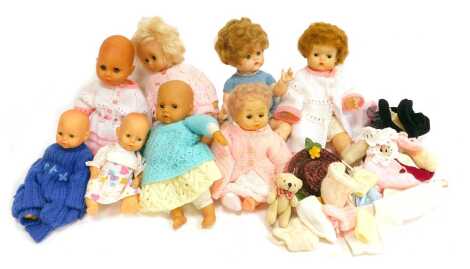 Various mid century and later celluloid dolls, some with knitted clothing. (1 box)