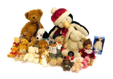 A group of soft toys, to include a Panopoly Teddy bear in clothing, Dalmatian dog, soft toy rabbit, etc. (1 box)