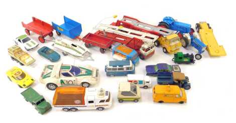 Diecast vehicles, playworn, to include a Corgi Commer bus 2500 series, Oldsmobile Super 88, Matchbox Adventure 2000 Raider Command vehicle, Corgi Carrimore mark 4 transporter, etc. (1 box)