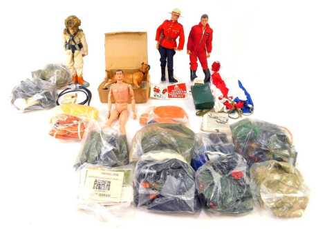 Three Action Men figures, together with various accessories, Army uniform, Royal Canadian Mounted Police uniform, camping gear, etc. (1 box)