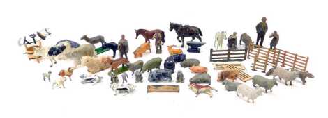 A group of lead and other animal figures, to include horses, pigs, hippo, some fencing, etc., playworn, some possibly Britains.