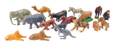 A group of painted lead zoo animals, to include elephant, 6cm high, camel, hippo, tiger, kangaroo, etc., some possibly Britains.