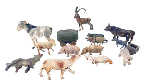 A group of papier mache animals, to include donkey, 10cm high, wolf, 6cm high, etc. (1 tray)