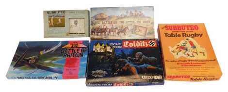 A Subbuteo table cricket game, together with Subbuteo table rugby, Escape to Colditz board game, Battle of Britain and Battle of the Littel Big Horn. (5)