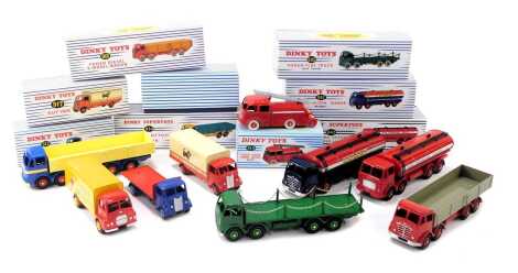 Reproduction Dinky Toys diecast vehicles, comprising a Leyland Octopus wagon, Leyland Octopus tanker for Esso, Foden fourteen tonne tanker, Foden flat truck, a Foden diesel eight wheel wagon, a Guy van for Heinz, fire truck, a Guy flat truck and a Guy van