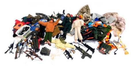 Action Men and accessories, to include Action Man in scuba suit, military uniform, various clothing, accessories to include skis, etc. (1 box)