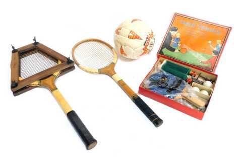 A Mitre Delta cosmic leather football and two tennis rackets, together with a table tennis set, etc.