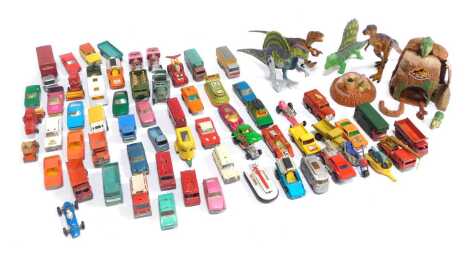 Various diecast vehicles, playworn, to include Matchbox, various plastic dinosaur figures, etc. (2 boxes)